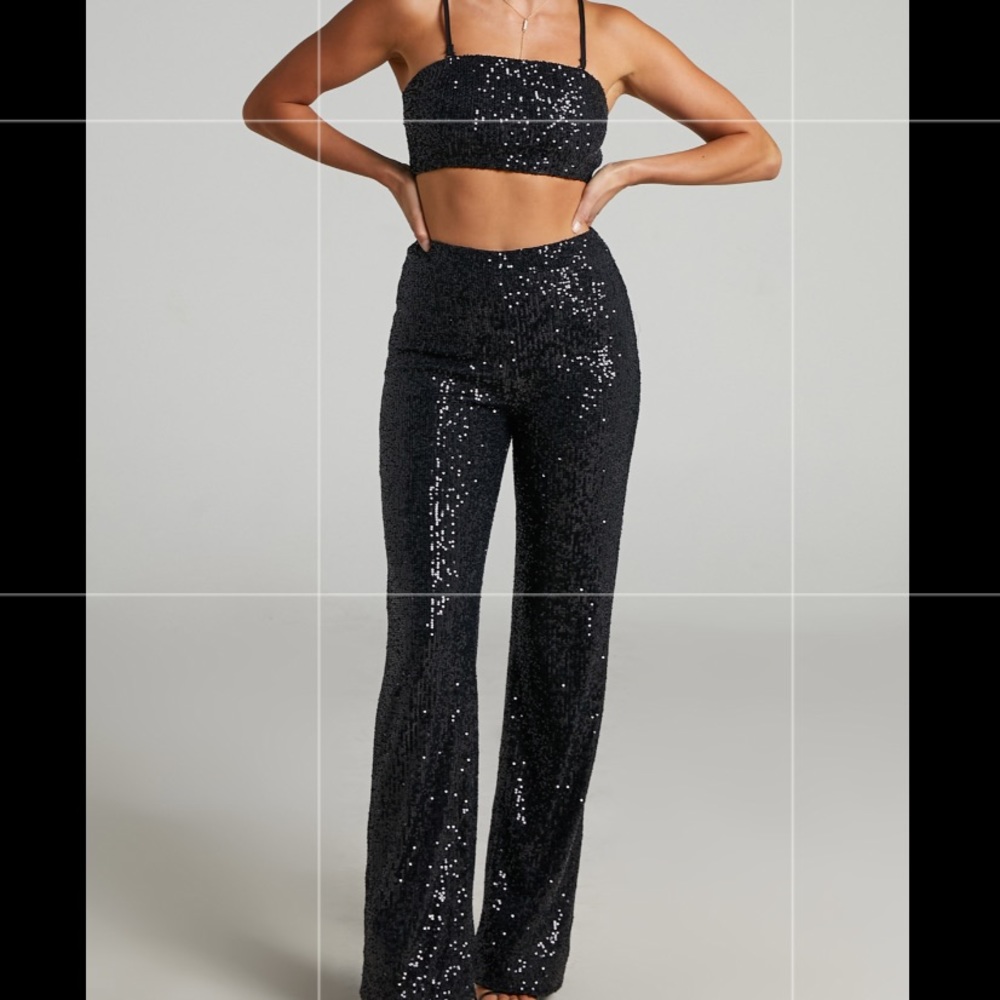 Black sequin pants sand top coord